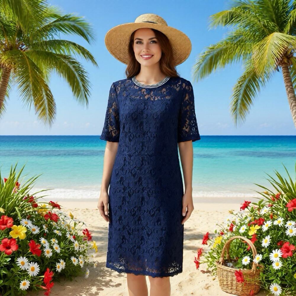 Hope & Harlow Navy Blue Lace Dress Women 14 Knee Length Zip Back Career Party